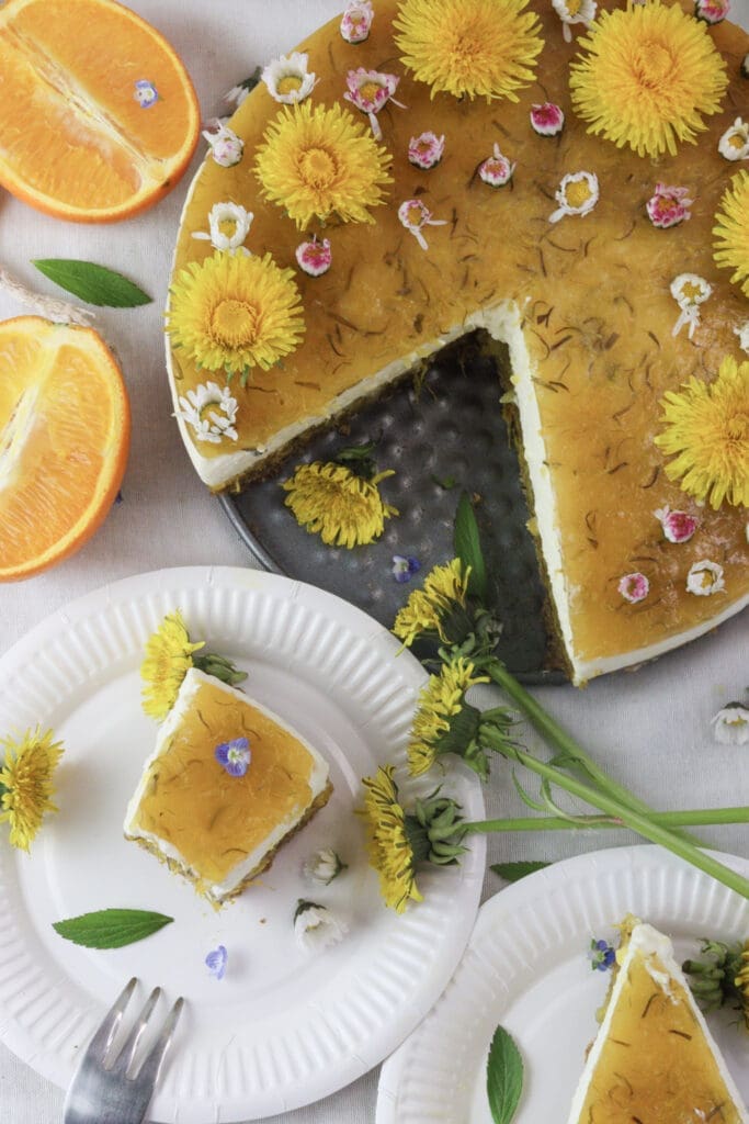 image of a sliced no bake orange dandelion cake